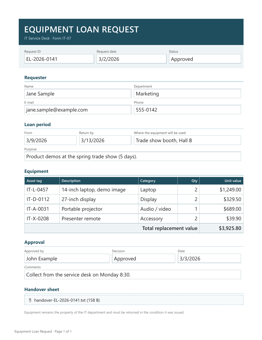 PDF page produced by XSN Archive Viewer from a filled-in equipment loan request form: request ID, date and status, requester details, loan period, an equipment table with categories, quantities, unit values and total, approval fields, an attached handover sheet and a page footer, laid out like the original form.